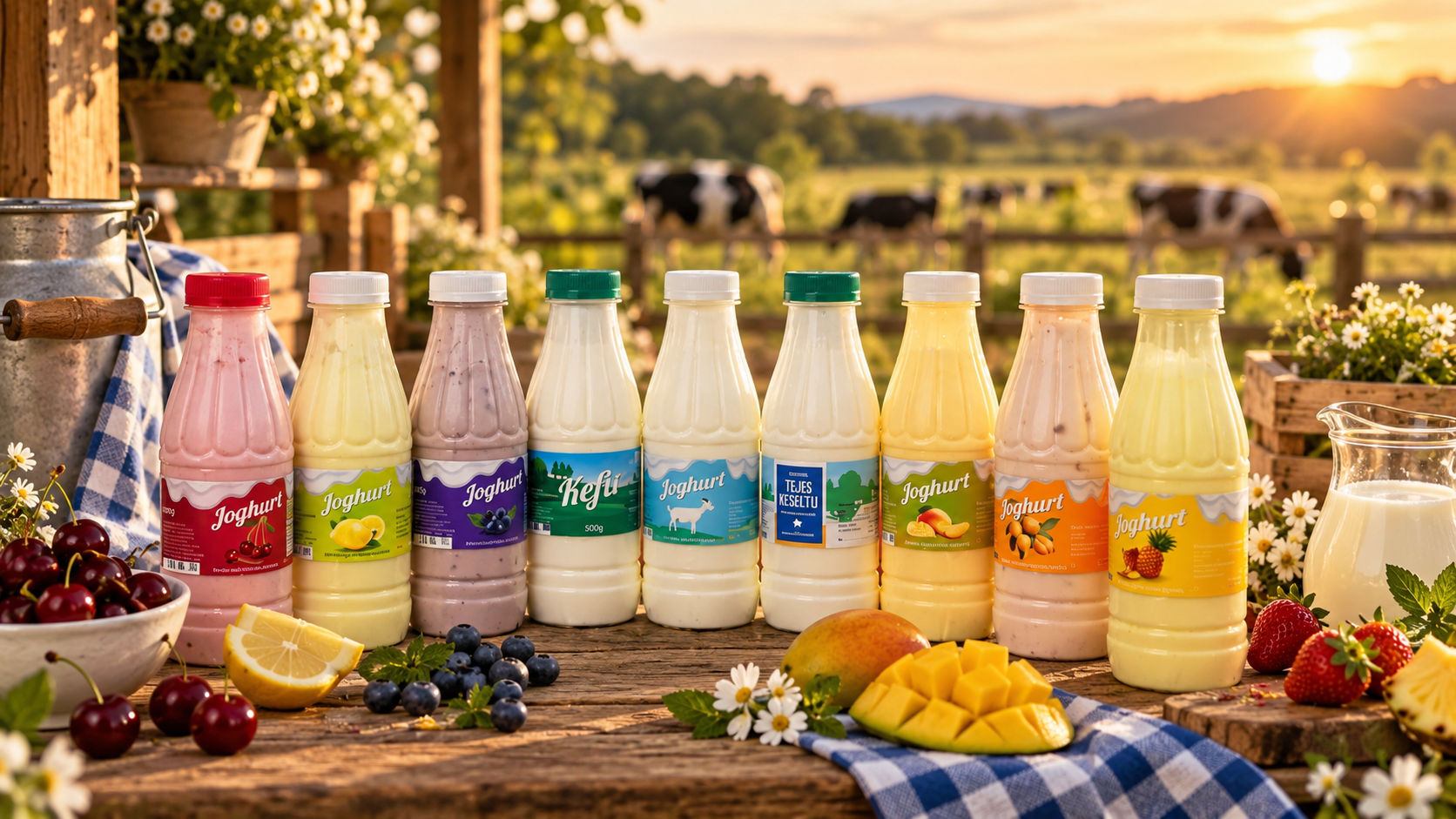 Saját palackozású joghurt, kefir és tejszín sorban a pulton